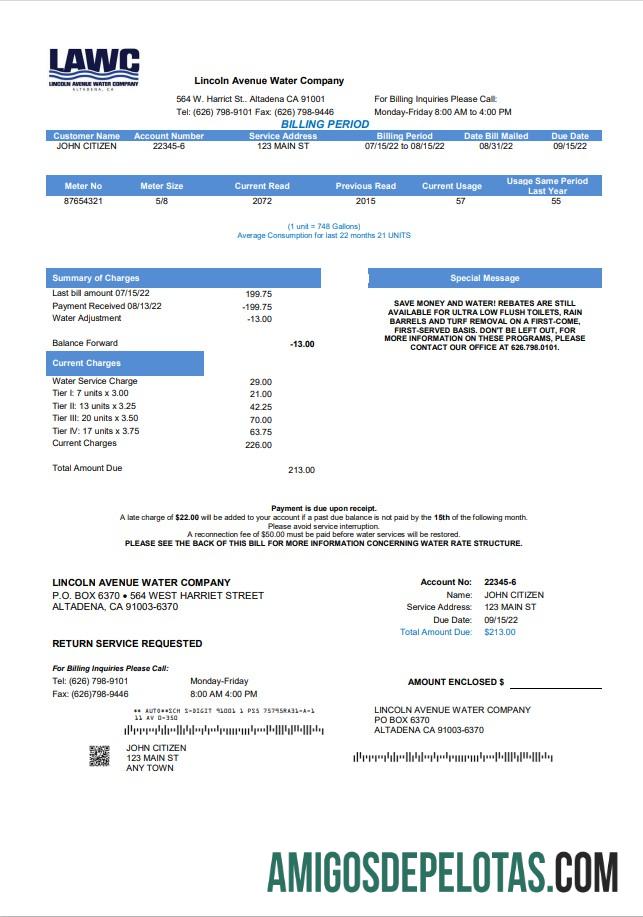 imprimível Modelo de conta de serviços públicos da empresa de água Lincoln Avenue EUA Califórnia em formato Word e PDF
